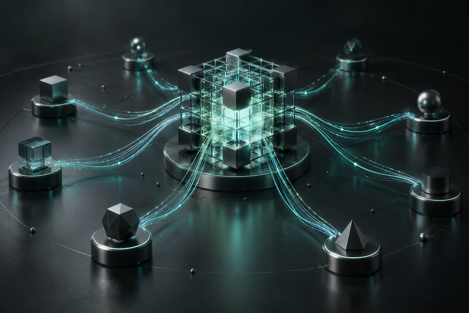 Conceptual AI processing core coordinating multiple connected nodes