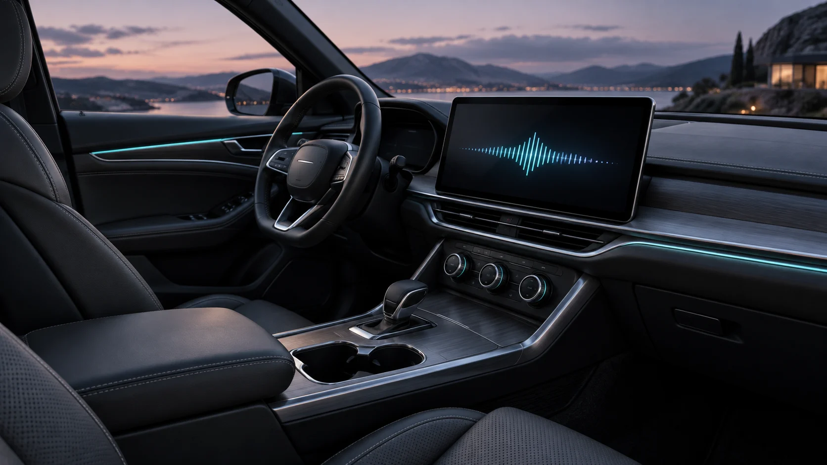 Modern vehicle cabin concept with audio, climate controls and a conversational waveform display