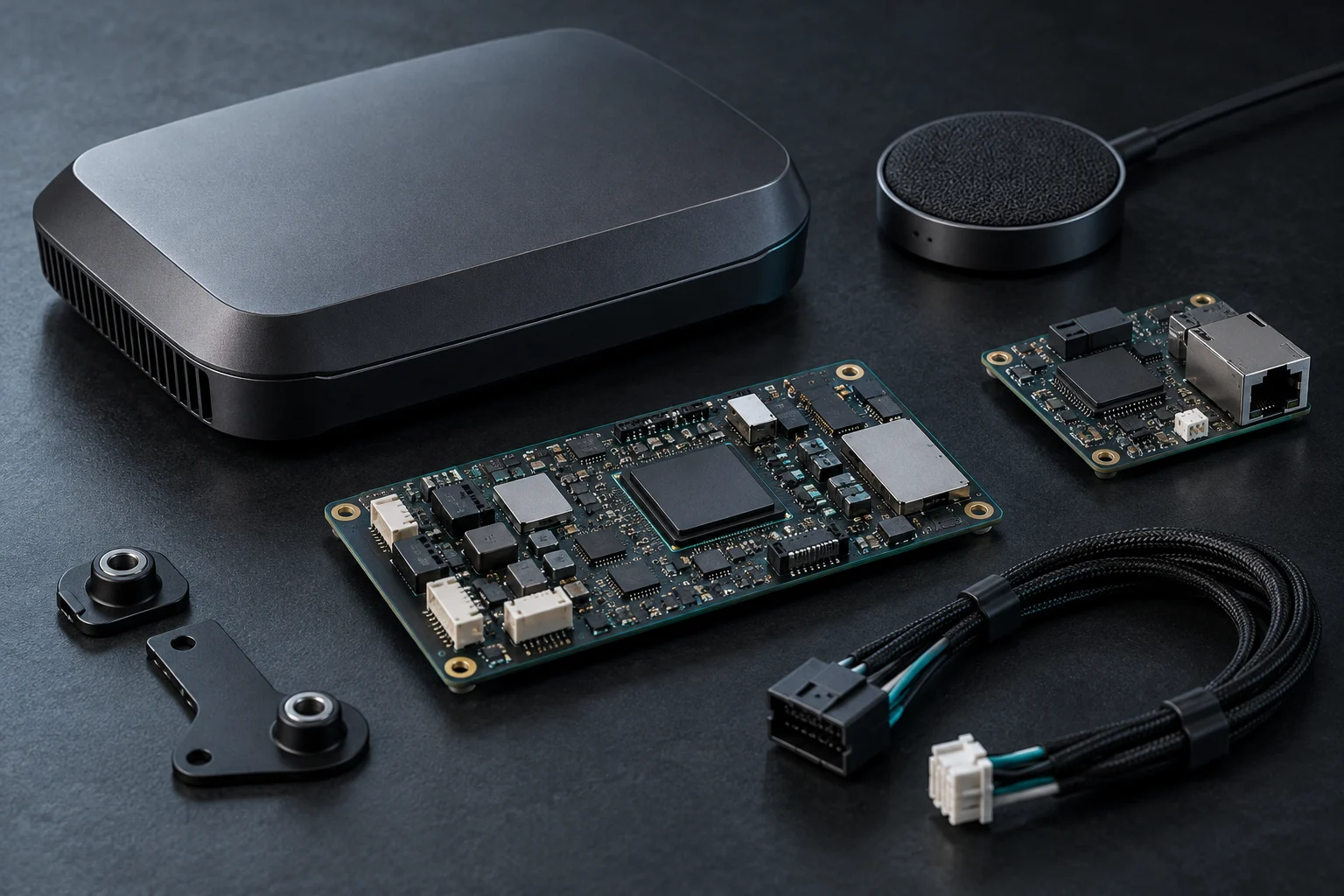 Hardware concept including a graphite enclosure, processor board, microphone and connector harness